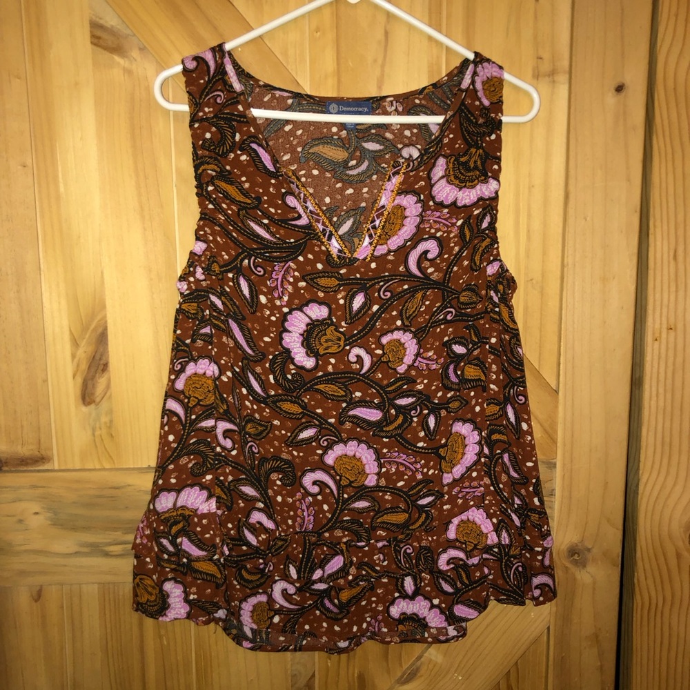 Democracy Floral Print Sleeveless Tank Top - Brown & Pink. Women’s S
